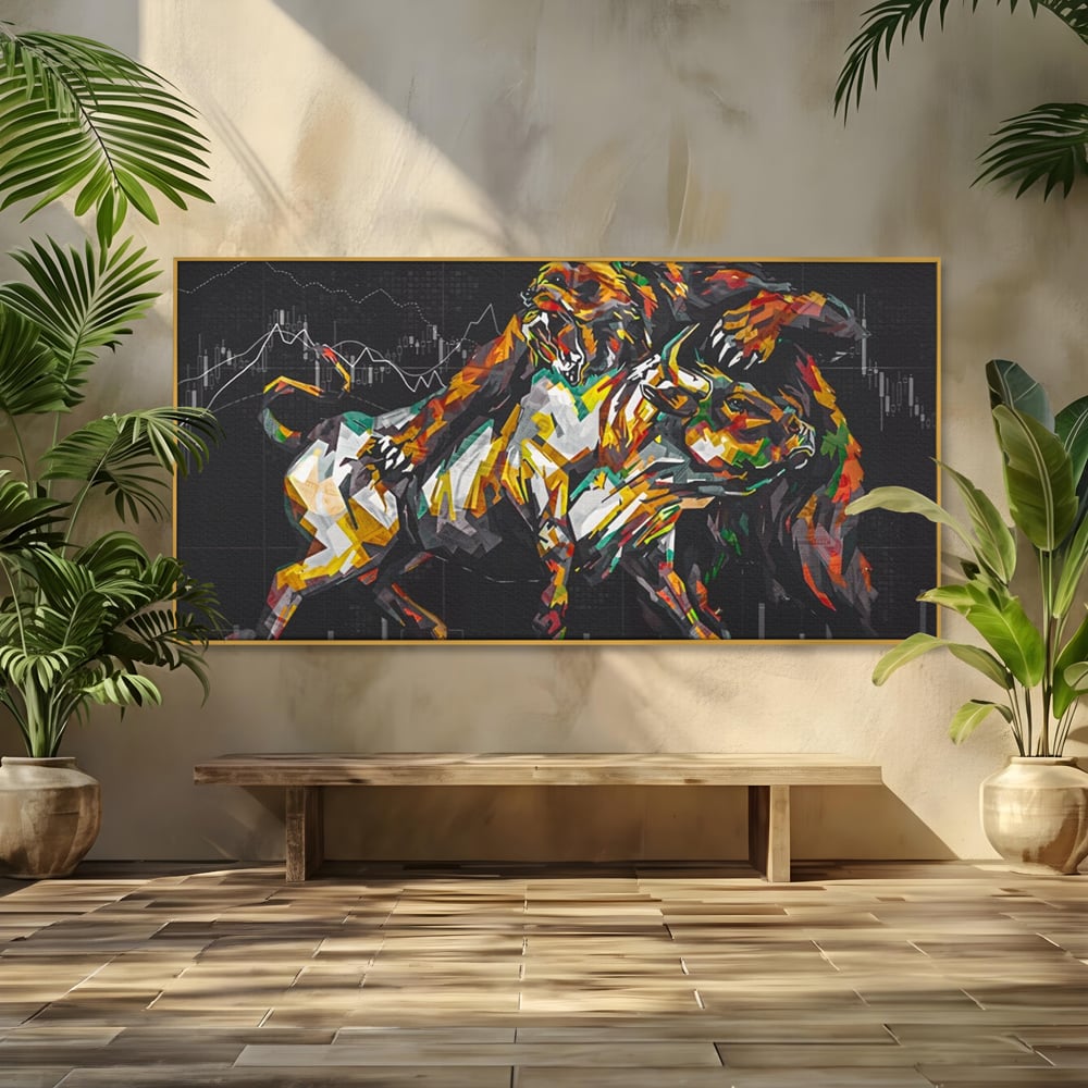 Tablou canvas cu tablou canvas cu taur si urs, in rama de aluminiu auriu